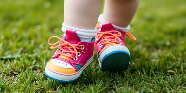 Een baby met kleurrijke schoenen op gras.