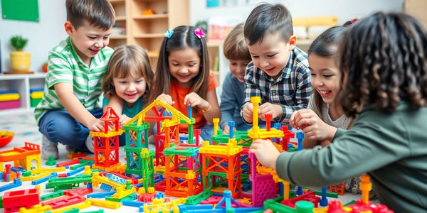 Kinderen spelen met kleurrijk constructiespeelgoed.