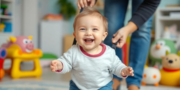 Blije baby die zijn eerste stapjes zet met hulp.