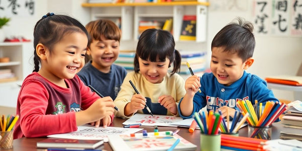 Kinderen oefenen kalligrafie met inkt en penselen.