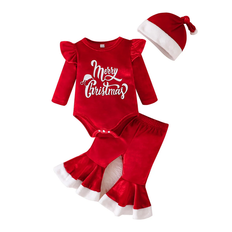 SantaBaby – Vrolijk & Knus – Baby 3 stuks Kerstset met Romper, Flared Broek en Hoed