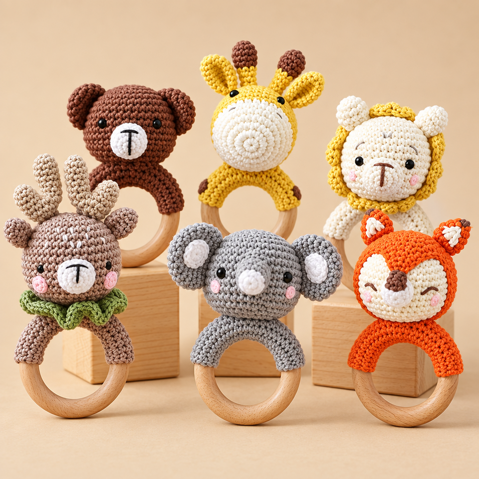 CuddleRattle – Zacht & Speels – Gehaakte Baby Rammelaar met Houten Ring
