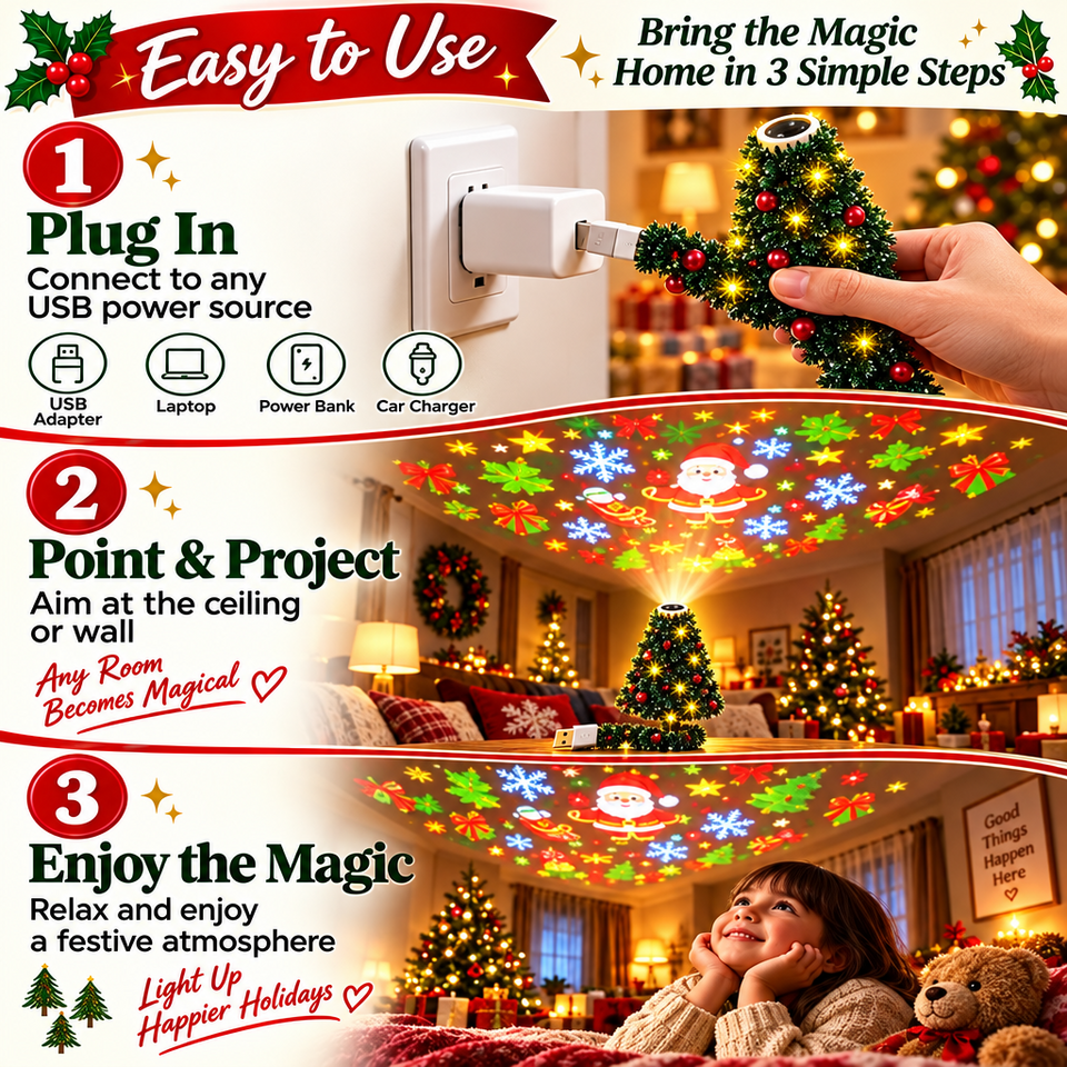 HolidayBeam – Feestelijk & Sfeervol – USB Kerstprojector met Lichtpatronen