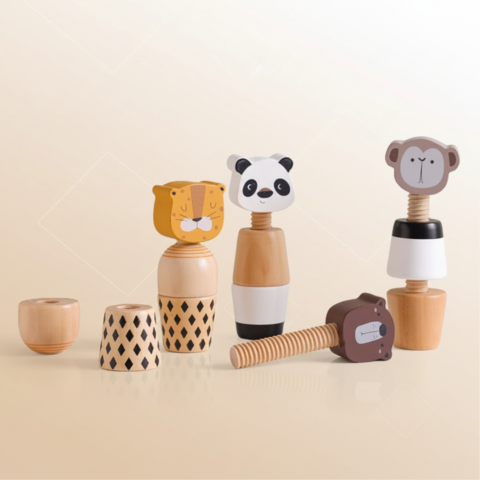 WoodyFriends – Motoriek & Plezier – Houten Dier Stapelspeelgoed