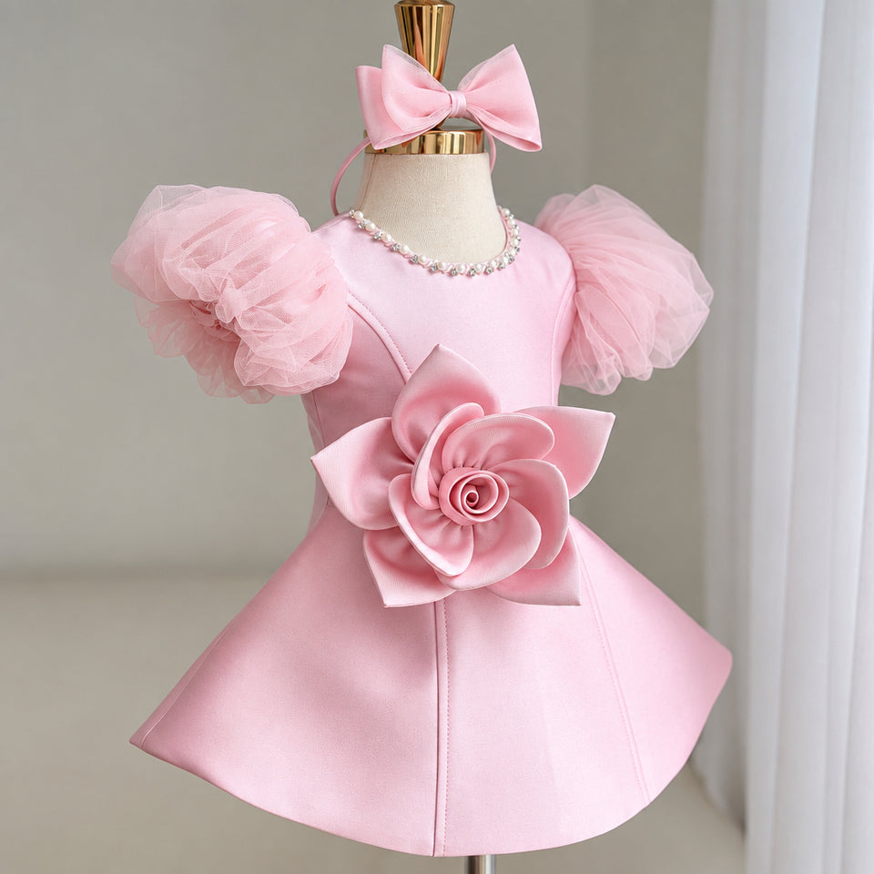 LittleRose – Elegant & Feestelijk – Meisjes Jurk met 3D Bloem en Pofmouwen