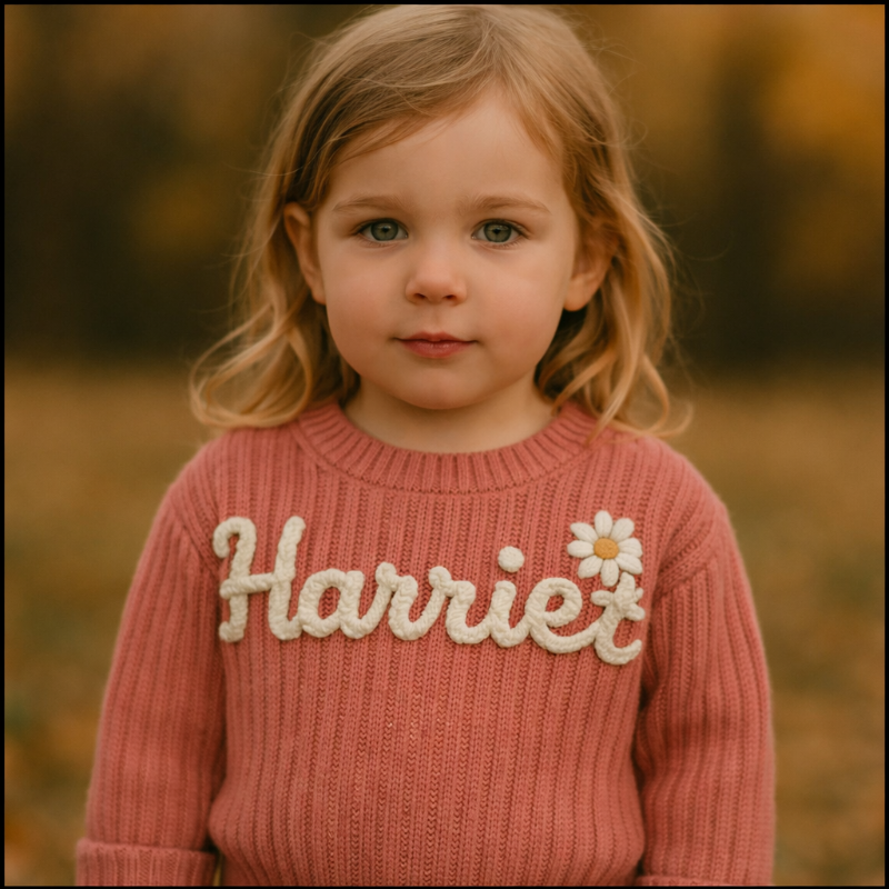 TinyStitch – Gepersonaliseerde Gebreide Naamtrui voor Kinderen