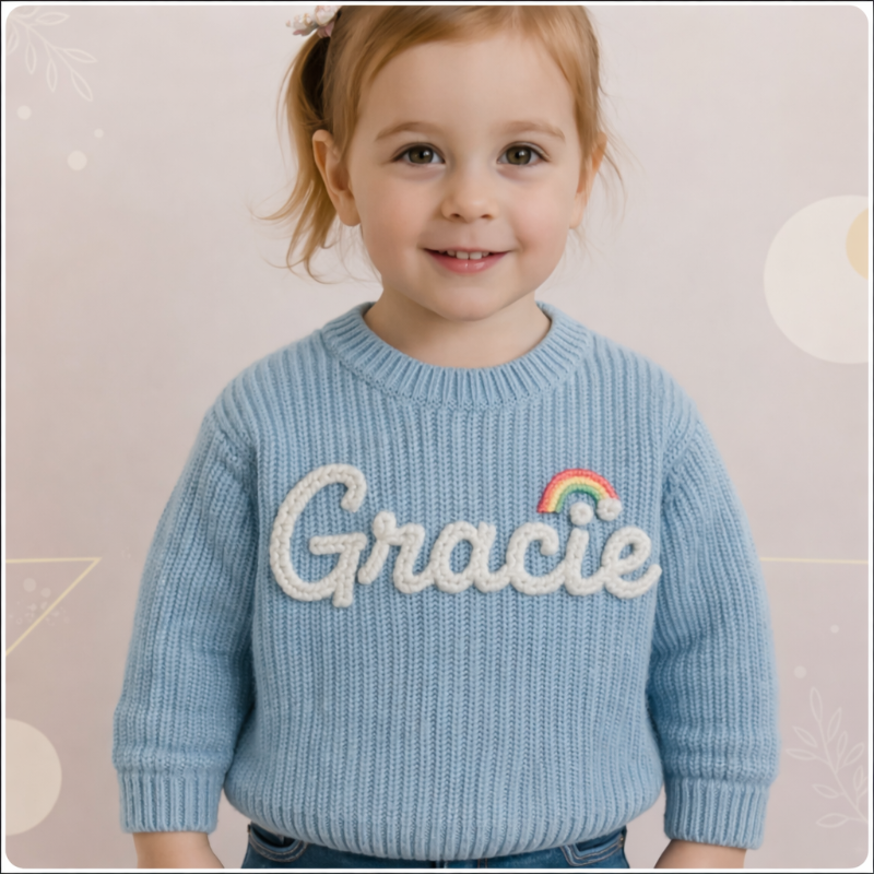 TinyStitch – Gepersonaliseerde Gebreide Naamtrui voor Kinderen