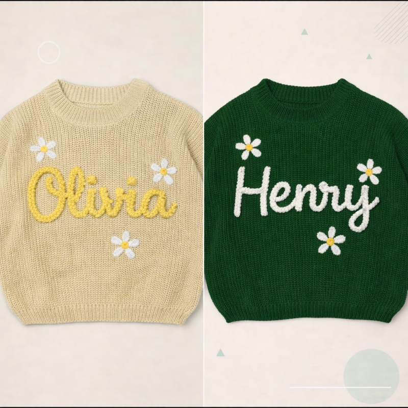 TinyStitch – Gepersonaliseerde Gebreide Naamtrui voor Kinderen