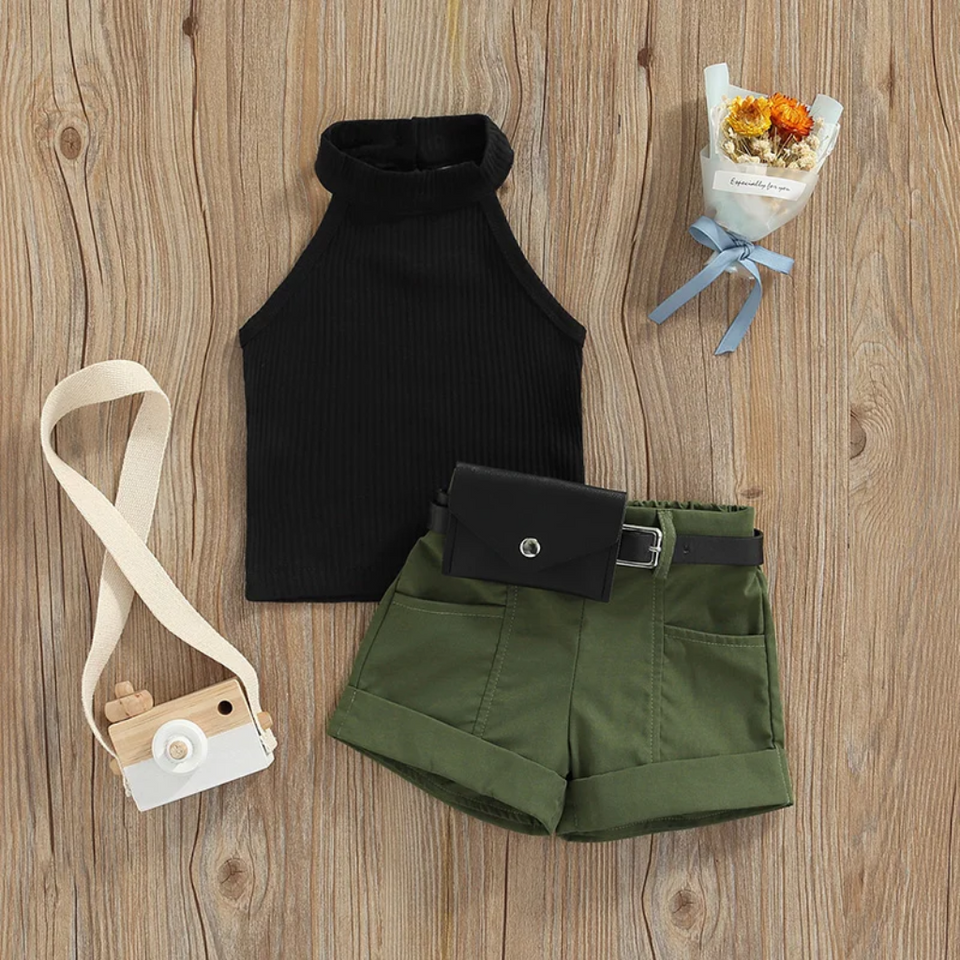 MiniFashionista – Elegant & Trends – Meisjes Set met Top, Short en Heuptasje
