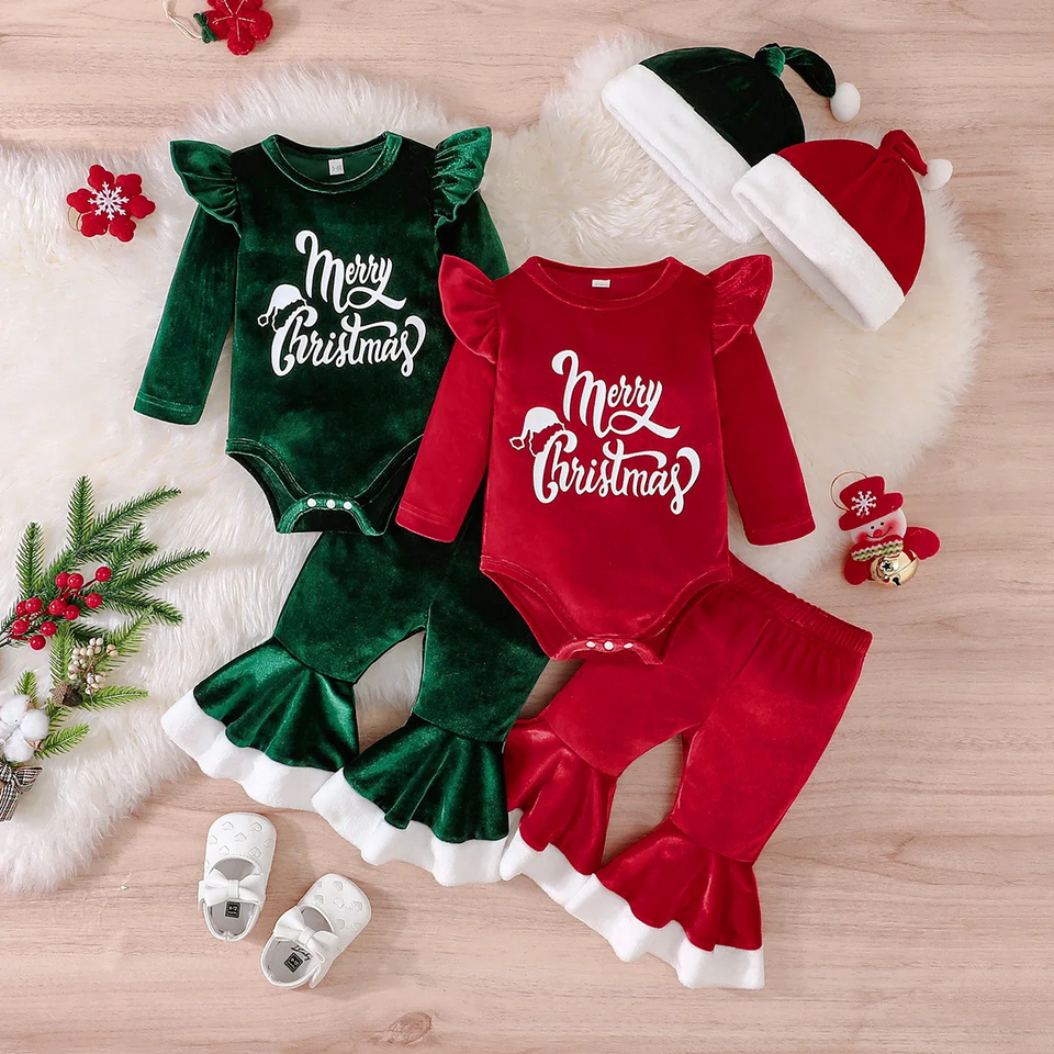 SantaBaby – Vrolijk & Knus – Baby 3 stuks Kerstset met Romper, Flared Broek en Hoed
