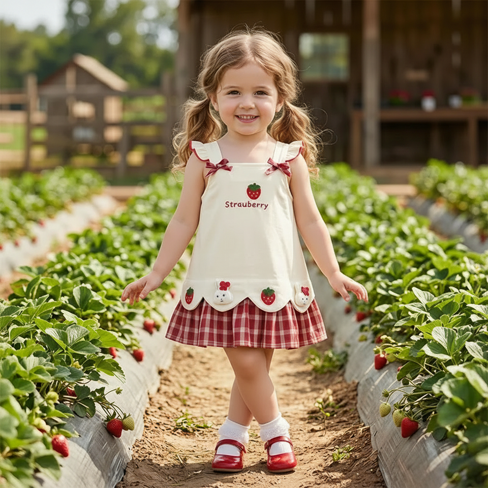 BerryBloom – Lief & Comfortabel – Meisjes Jurk met Aardbei en Konijntje Patch