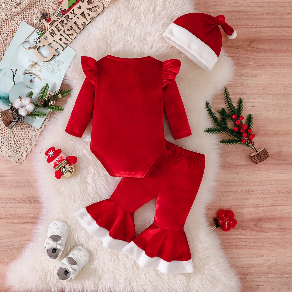 SantaBaby – Vrolijk & Knus – Baby 3 stuks Kerstset met Romper, Flared Broek en Hoed
