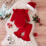 SantaBaby – Vrolijk & Knus – Baby 3 stuks Kerstset met Romper, Flared Broek en Hoed