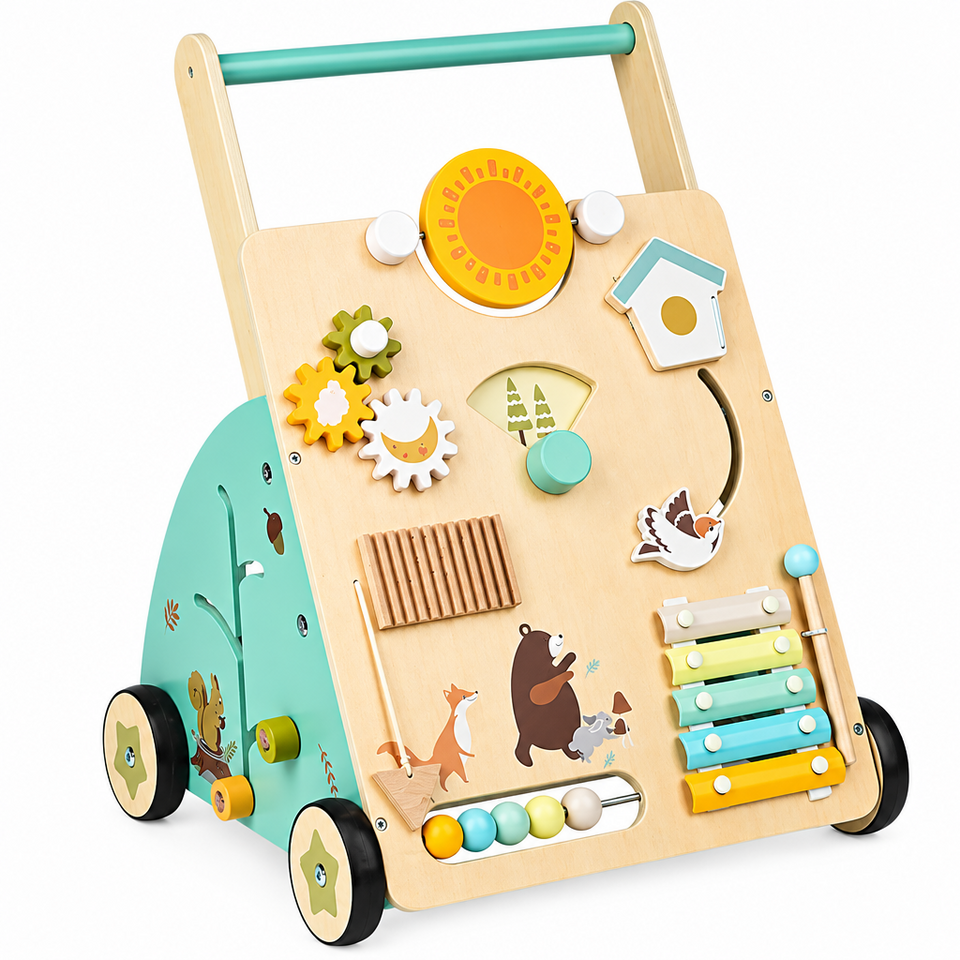 WoodenSteps – Natuurlijk & Educatief – Houten Baby Loopwagen met Speelpanelen