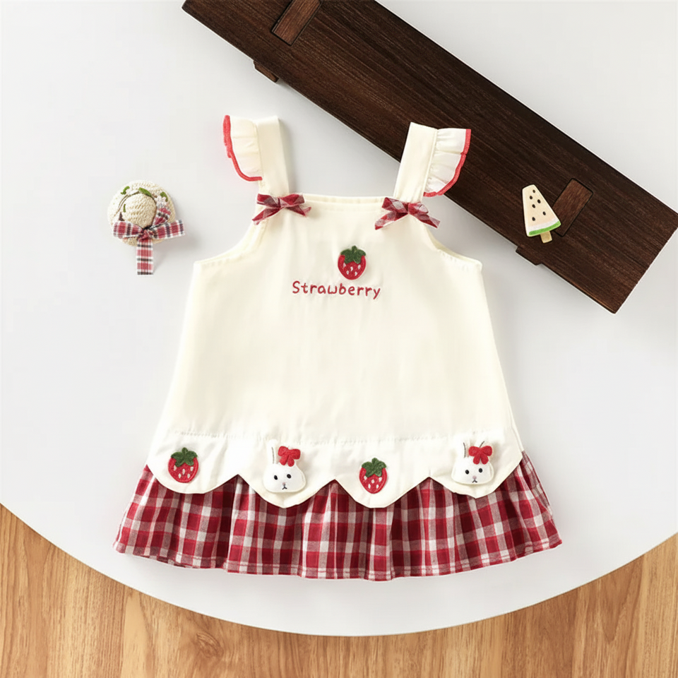 BerryBloom – Lief & Comfortabel – Meisjes Jurk met Aardbei en Konijntje Patch