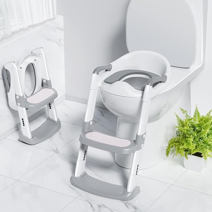 Aufun toilettrainer Toiletbril opvouwbare ladder kinderen leerpotje met trap, PU gevoerde kussens en handgrepen potjes, voor 1-7 jaar peuters(Blauw en groen Aufun toilettrainer Toiletbril opvouwbare ladder kinderen leerpotje met trap, PU gevoerde kussens en handgrepen potjes, voor 1-7 jaar peuters(Blauw en groen