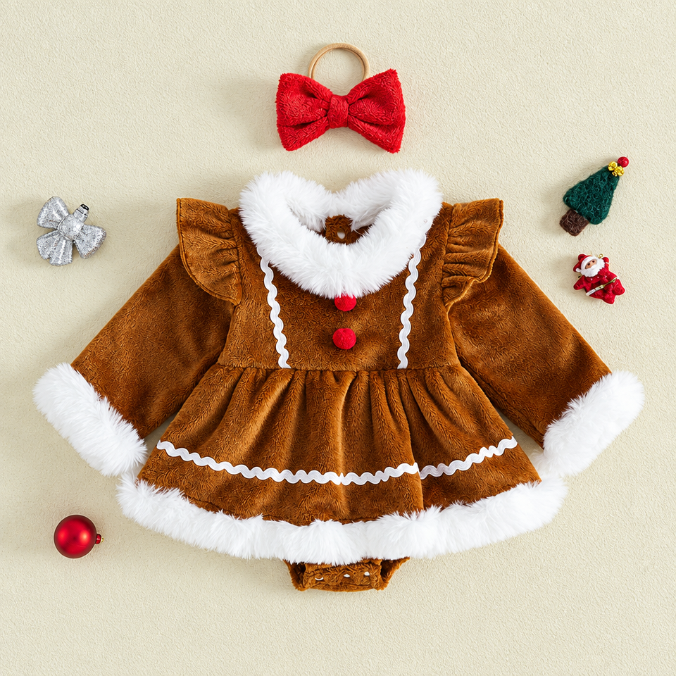 LittleGinger – Warm & Feestelijk – Baby Kerst Jumpsuit met Haarband