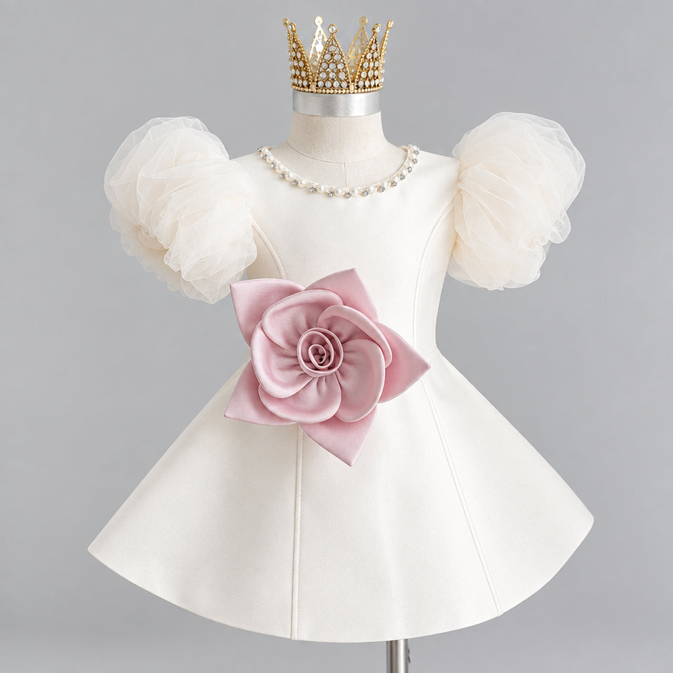 LittleRose – Elegant & Feestelijk – Meisjes Jurk met 3D Bloem en Pofmouwen