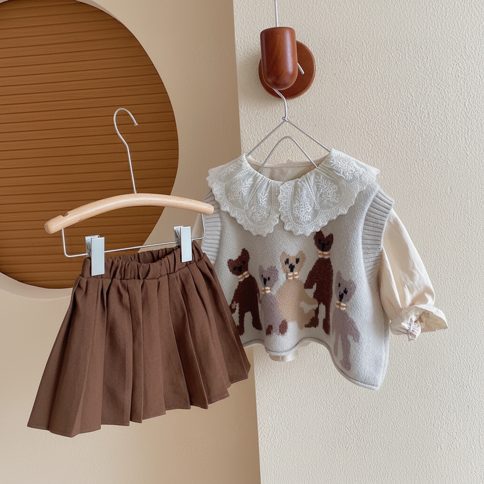 PrettyLayers – Lief & Stijlvol – Meisjes 3-Delige Set met Rok, Blouse en Gebreid Vest