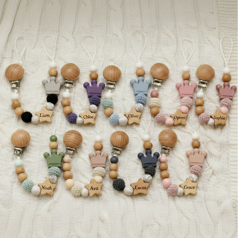 Baby Pacifier Holder – Met Naam – Gepersonaliseerde Houten & Siliconen Kralen