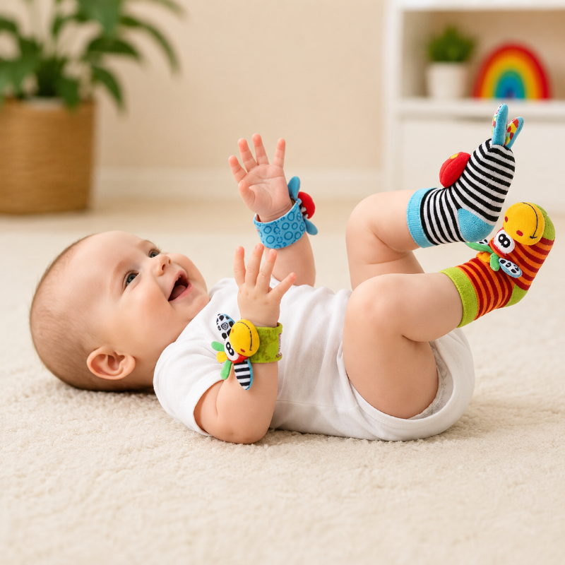 Wrist Rattle and Socks – Motoriek & Speels – Baby Rammelaars (Set van 4)