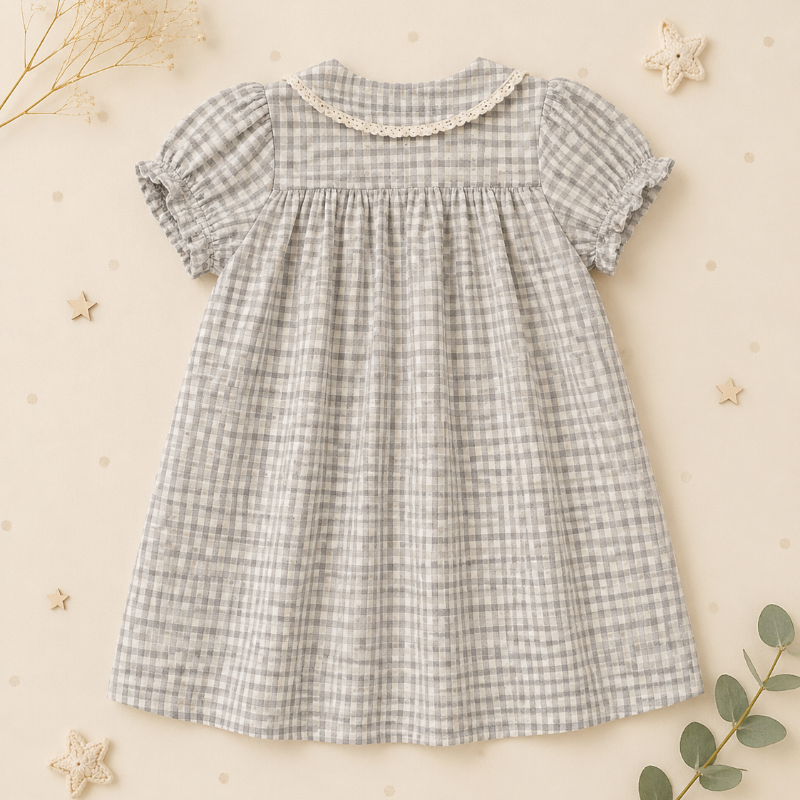 Check Dress – Zacht & ademend – Klassieke Kraag met pofmouwen