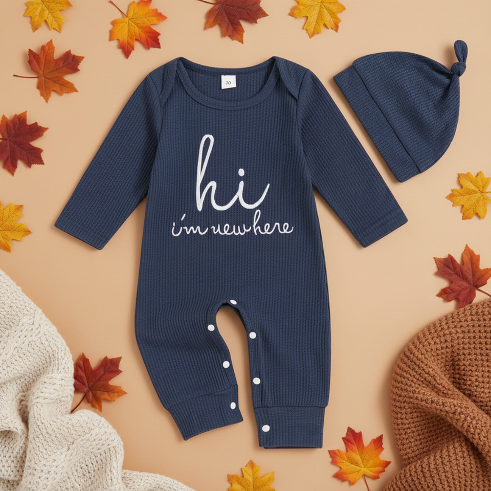 CuddleBaby – Hi, I'm new here – Baby Jumpsuit met Beanie Set