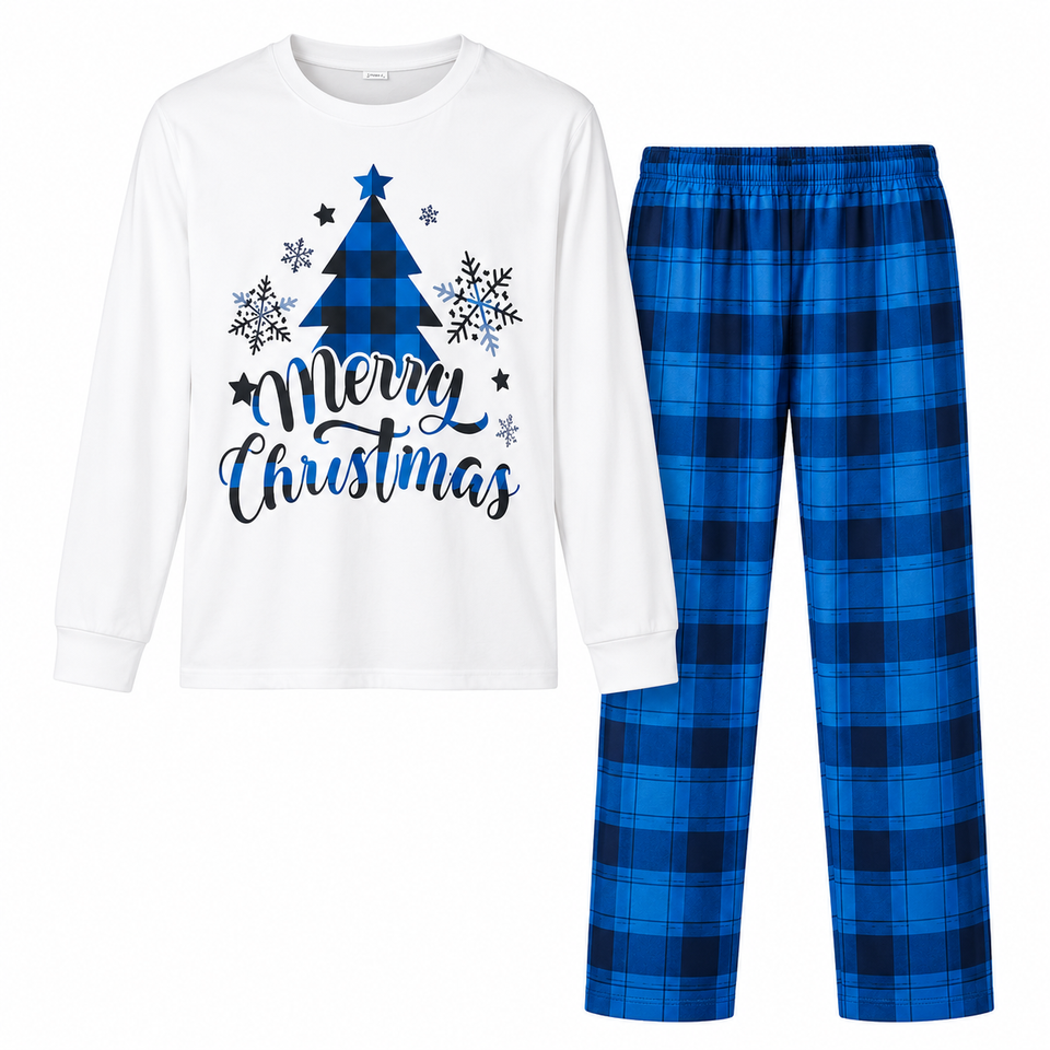 BlueChristmas – Elegant & Feestelijk – Familiepyjama met Kerstboomdesign
