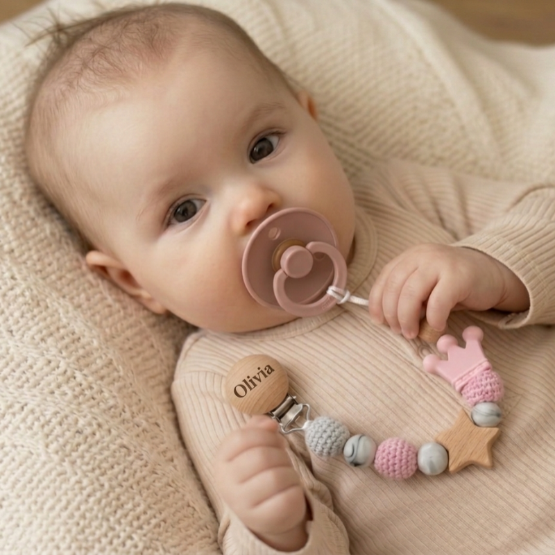Baby Pacifier Holder – Met Naam – Gepersonaliseerde Houten & Siliconen Kralen