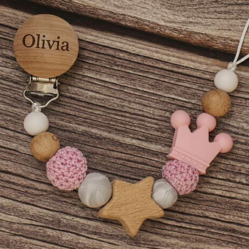 Baby Pacifier Holder – Met Naam – Gepersonaliseerde Houten & Siliconen Kralen