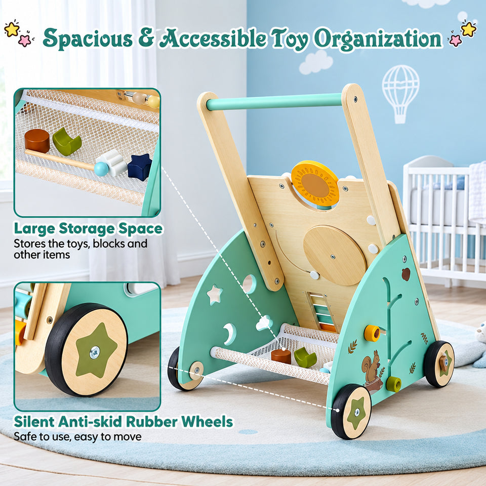 WoodenSteps – Natuurlijk & Educatief – Houten Baby Loopwagen met Speelpanelen