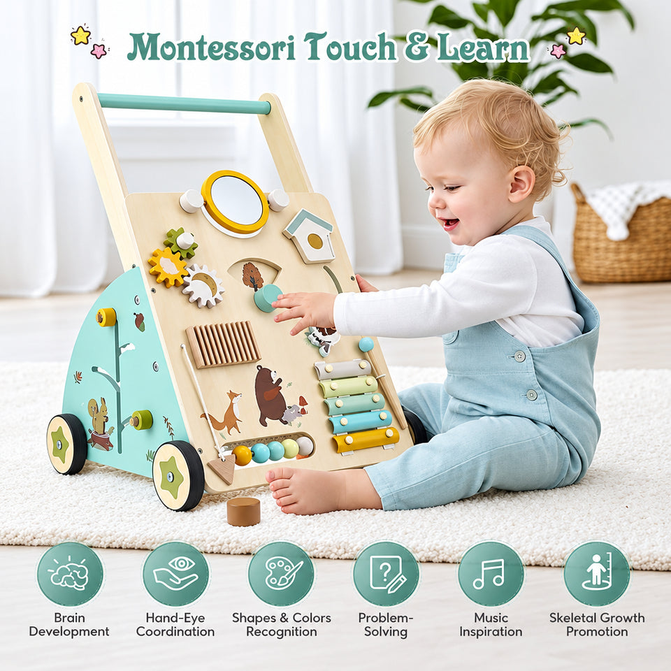 WoodenSteps – Natuurlijk & Educatief – Houten Baby Loopwagen met Speelpanelen