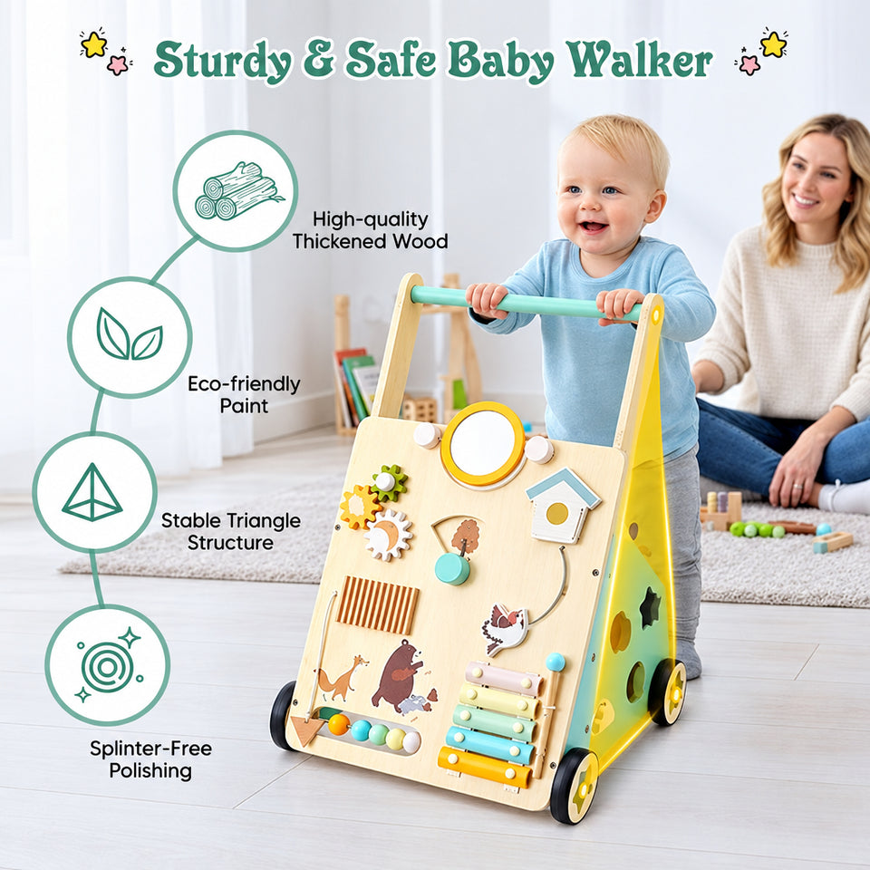 WoodenSteps – Natuurlijk & Educatief – Houten Baby Loopwagen met Speelpanelen