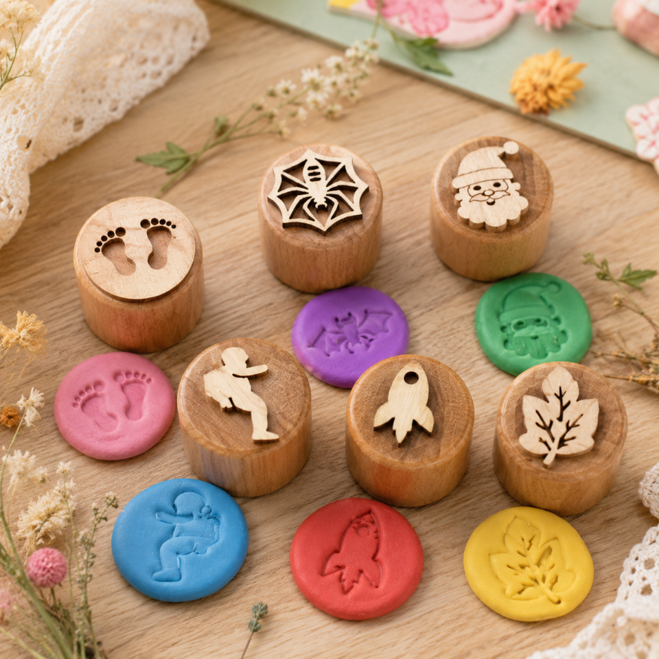 WoodStamp – Montessori & Creatief – 6 stuks Houten Kleistempels