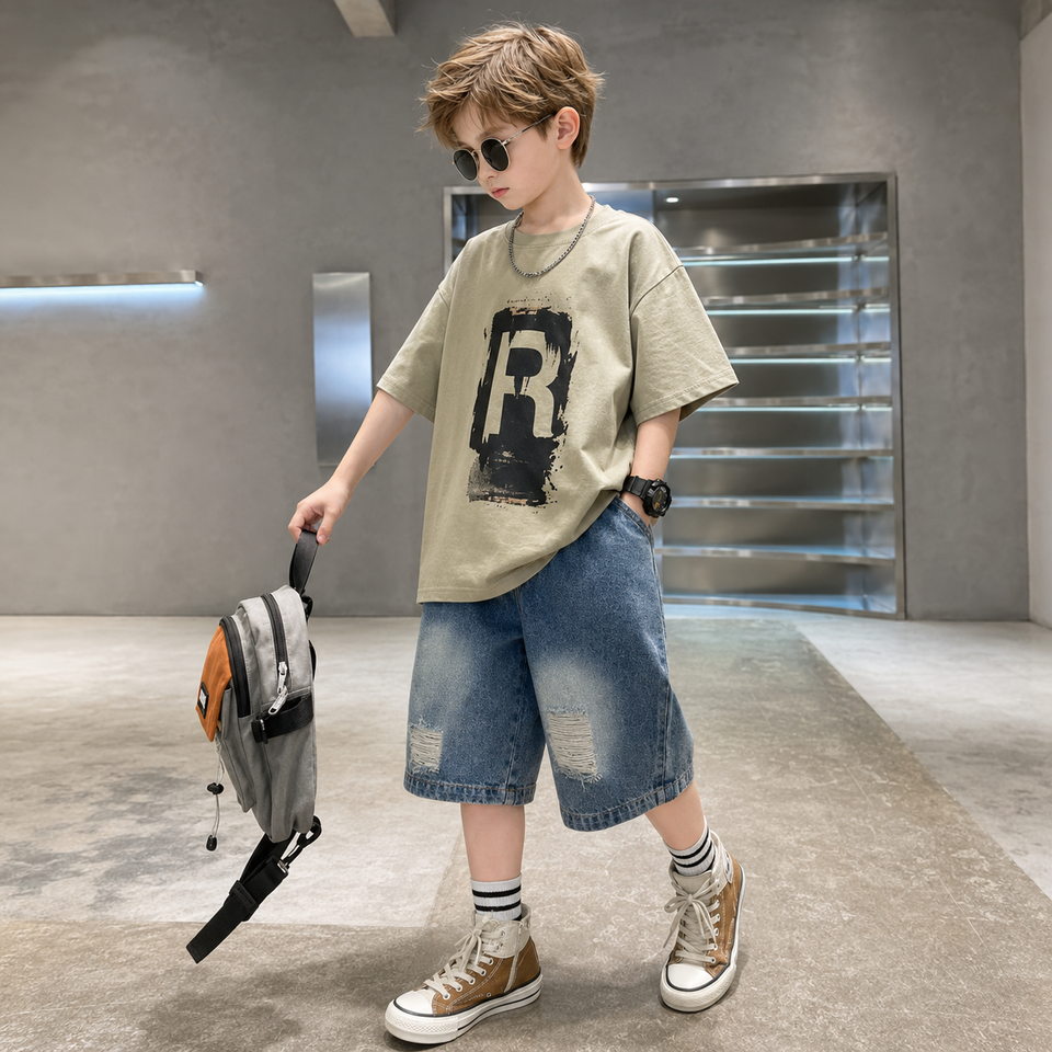 CoolBoys – Stoer & Comfortabel – Jongens Outfit met Shirt en Spijkerbroek Short