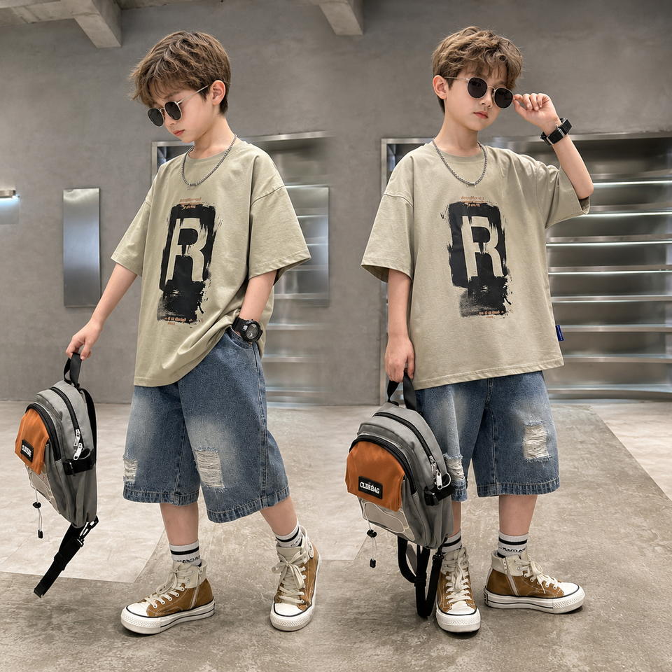 CoolBoys – Stoer & Comfortabel – Jongens Outfit met Shirt en Spijkerbroek Short