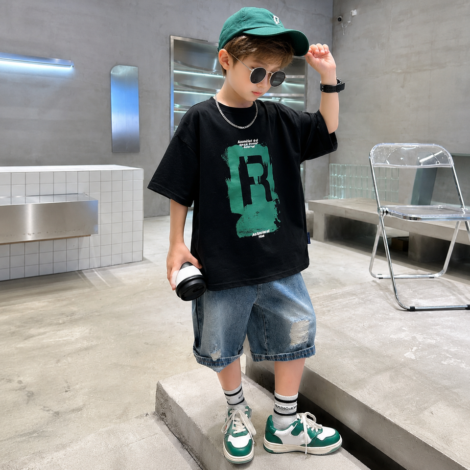 CoolBoys – Stoer & Comfortabel – Jongens Outfit met Shirt en Spijkerbroek Short