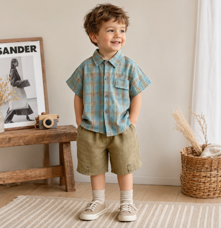 LittleGent – Trendy & Casual – Jongens Set met Geruit Shirt en Korte Broek
