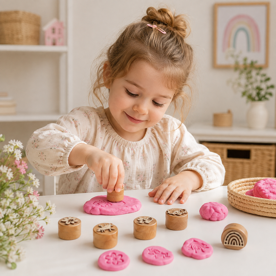 WoodStamp – Montessori & Creatief – 6 stuks Houten Kleistempels