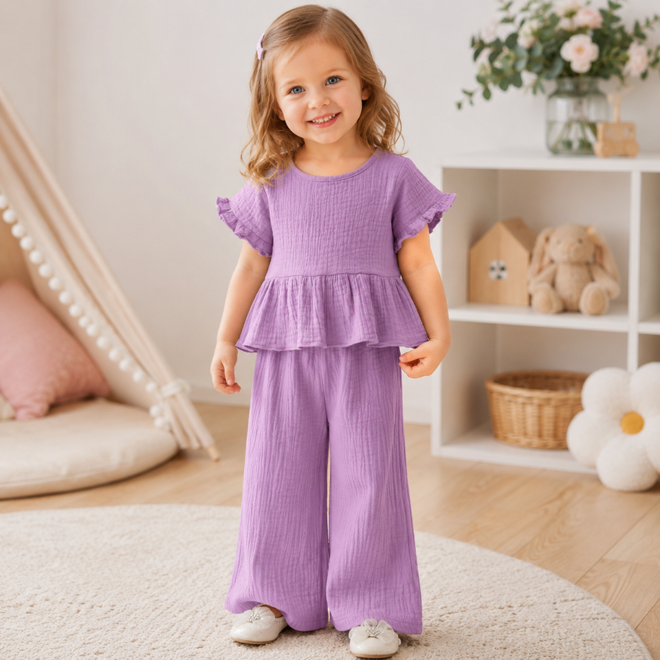 SoftCharm – Elegant & Comfortabel – Meisjes Set met Ruffle Top en Lange Broek