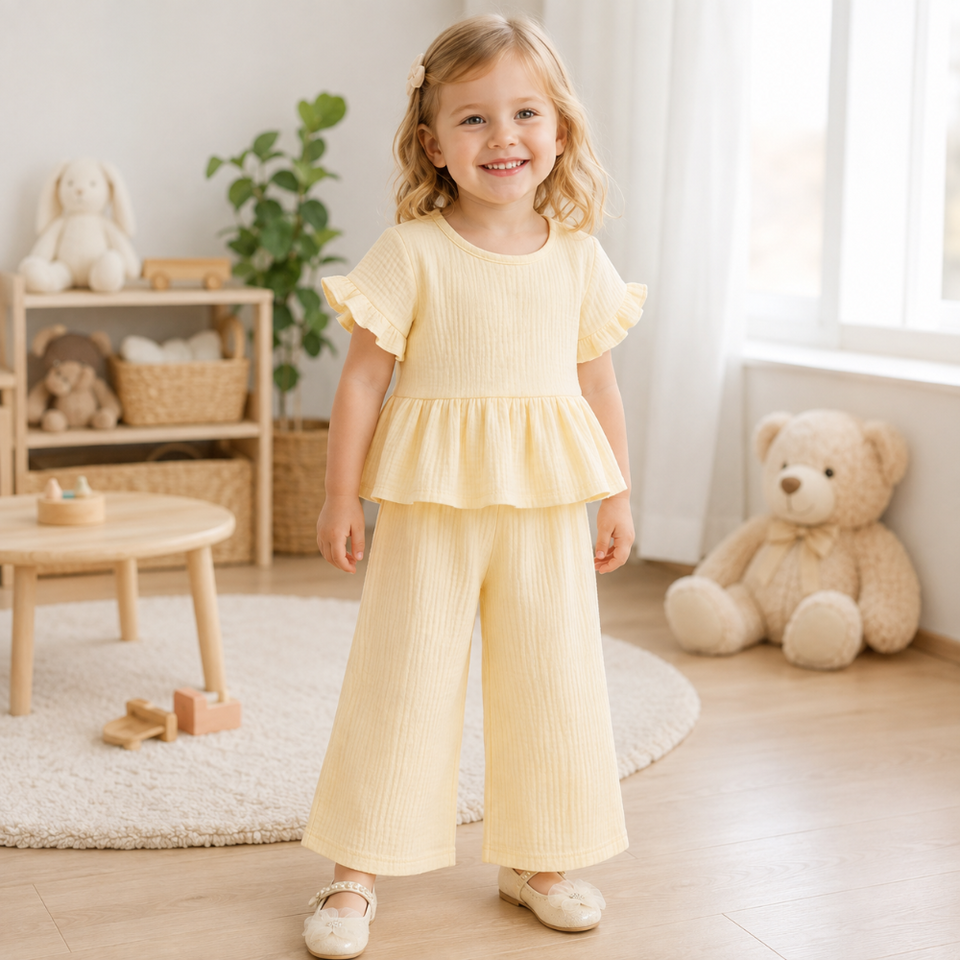 SoftCharm – Elegant & Comfortabel – Meisjes Set met Ruffle Top en Lange Broek