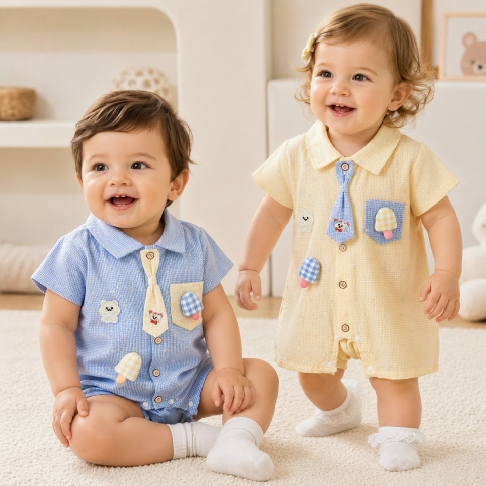 KiddoStyle – Schattig & Zacht – Kinder Jumpsuit met Stropdas en Patch