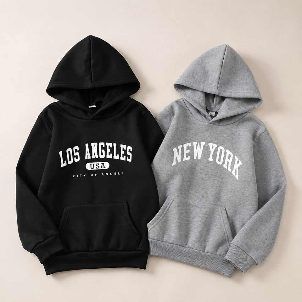 MiniUrban – Gezellig & Stijlvol – Trui met capuchon en Los Angeles/New York-print