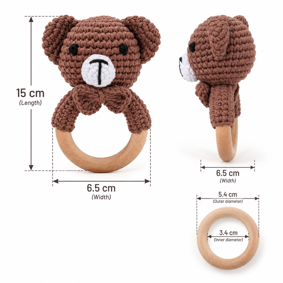 CuddleRattle – Zacht & Speels – Gehaakte Baby Rammelaar met Houten Ring