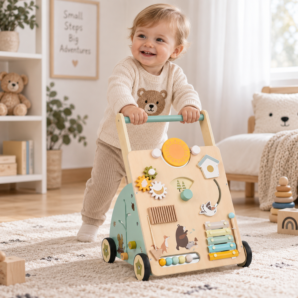WoodenSteps – Natuurlijk & Educatief – Houten Baby Loopwagen met Speelpanelen