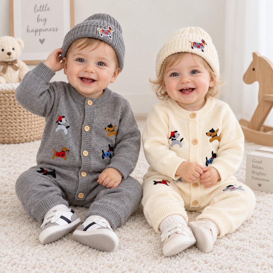 PlayfulKnit – Zacht & Schattig – Gebreid Baby Jumpsuit met Hondenprint