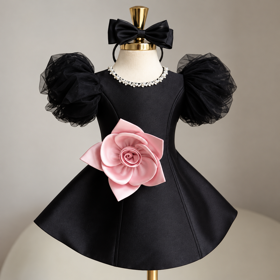 LittleRose – Elegant & Feestelijk – Meisjes Jurk met 3D Bloem en Pofmouwen