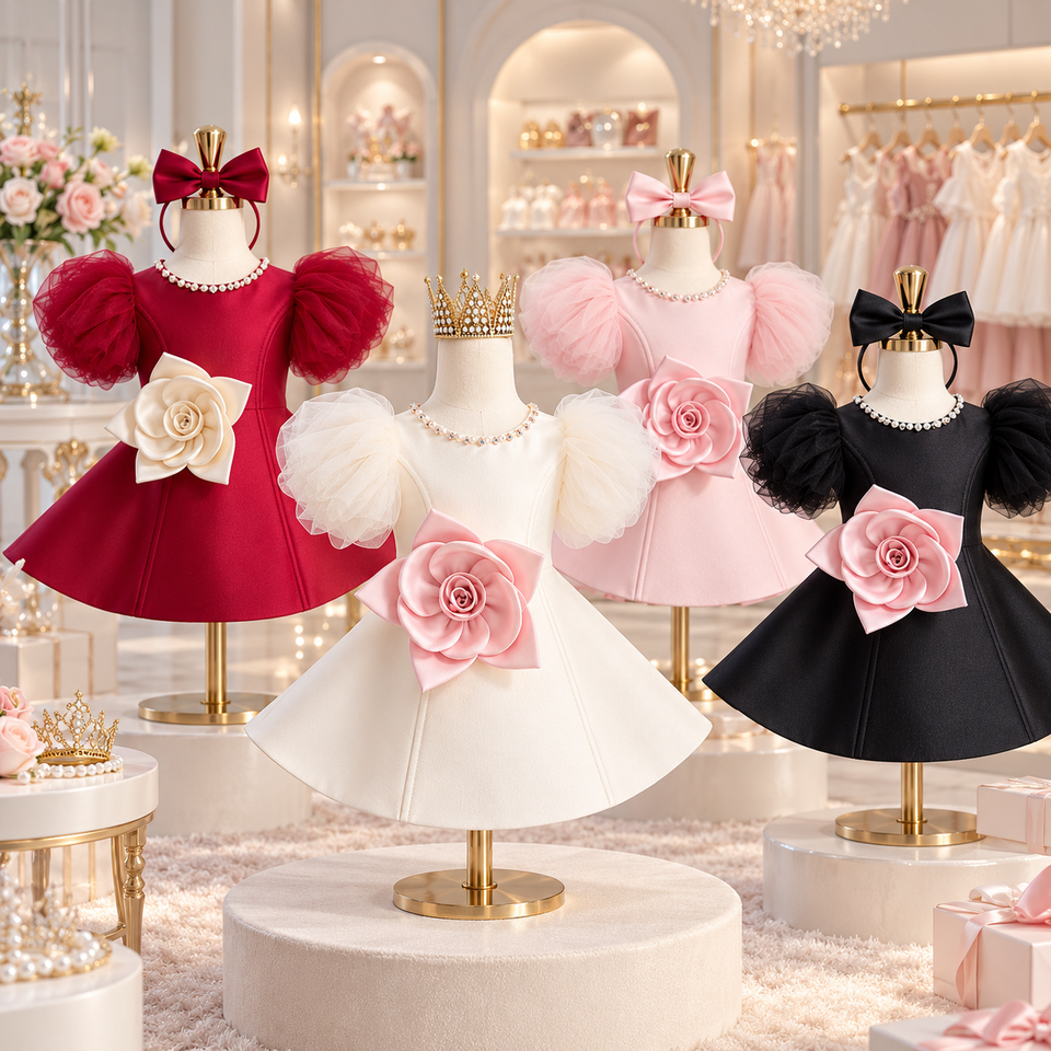 LittleRose – Elegant & Feestelijk – Meisjes Jurk met 3D Bloem en Pofmouwen