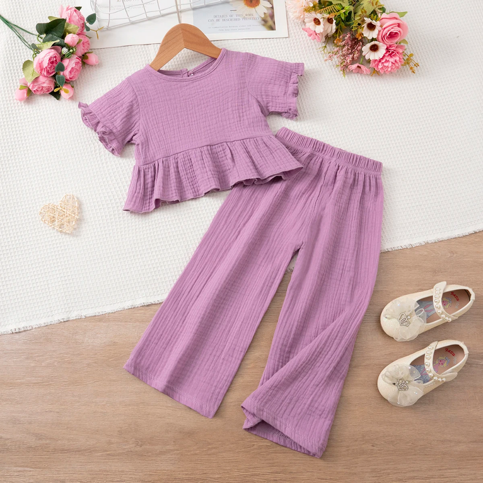 SoftCharm – Elegant & Comfortabel – Meisjes Set met Ruffle Top en Lange Broek