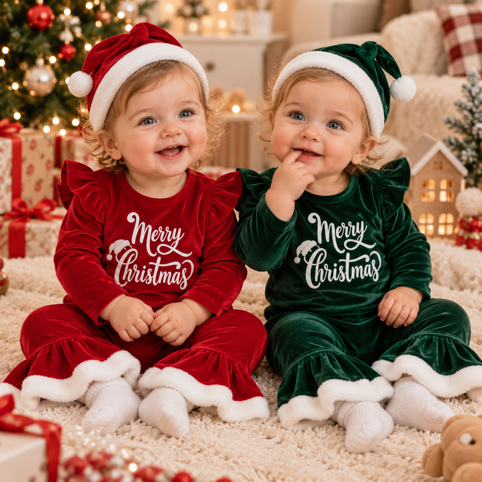 SantaBaby – Vrolijk & Knus – Baby 3 stuks Kerstset met Romper, Flared Broek en Hoed